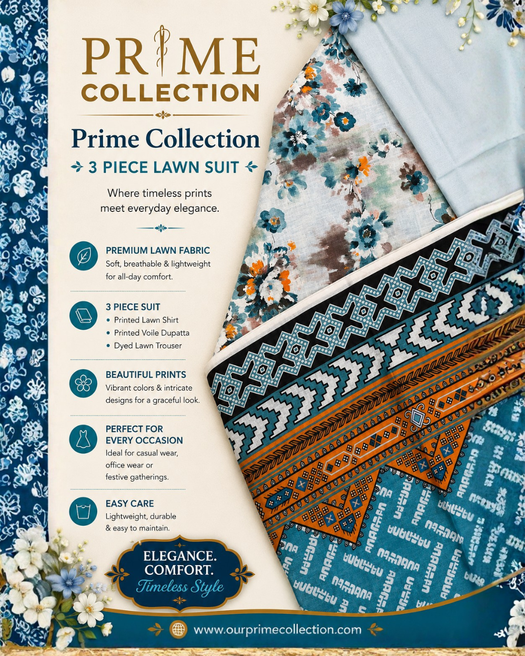 Pastel Blue Floral - Prime Collection 3 Piece Lawn Suit - BCT 11 2 Prime Collection 3 Piece Lawn Suit