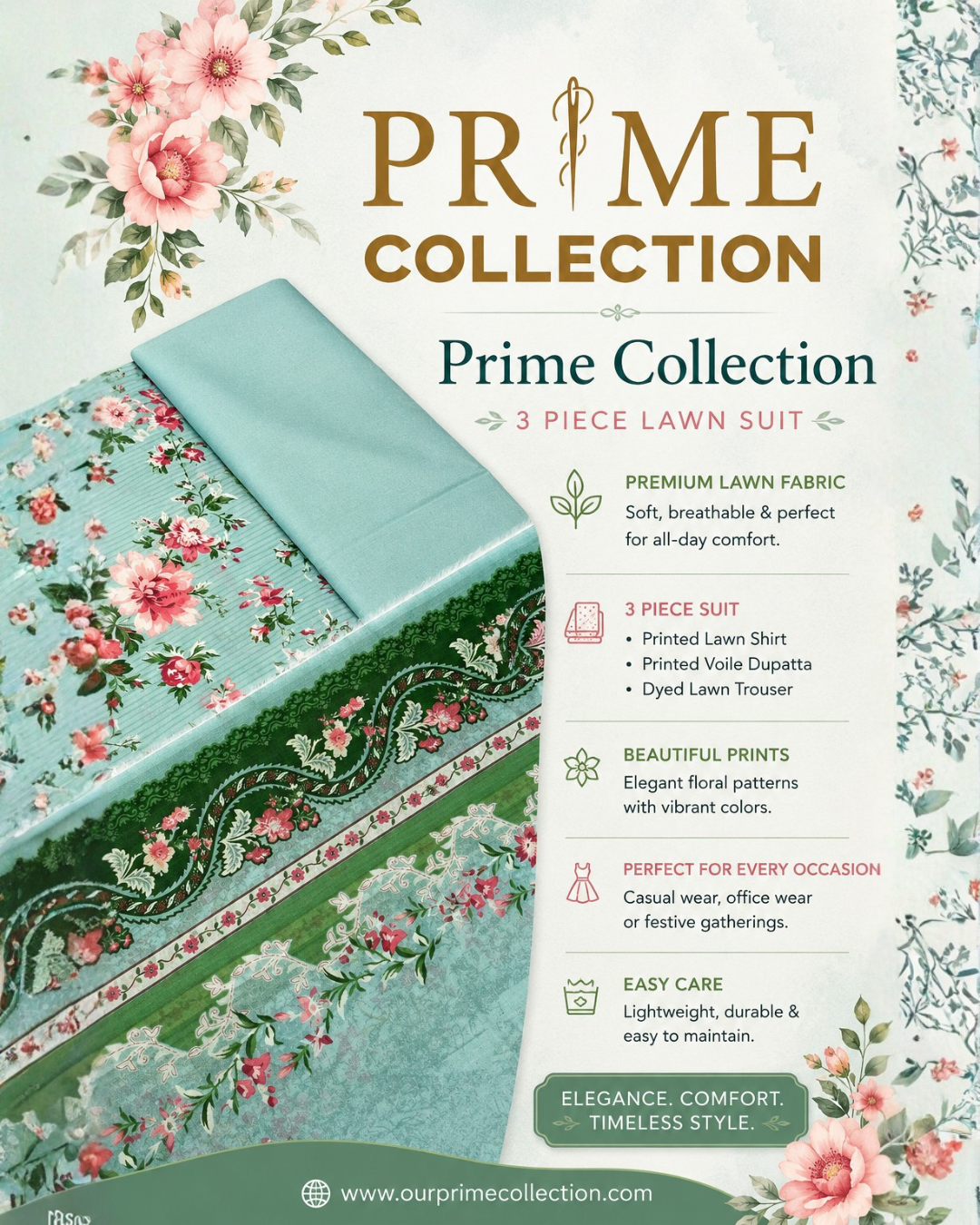 Prime Collection Mint Green Floral 3 Piece Lawn Suit - BCT 04 2 Prime Collection Mint Green Floral 3 Piece Lawn Suit