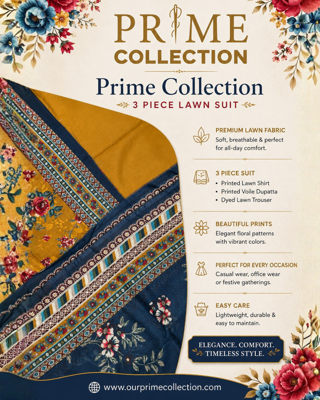 Prime Collection Mustard & Navy Floral 3 Piece Lawn Suit - BCT 05 2 Prime Collection Mustard & Navy Floral 3 Piece Lawn Suit