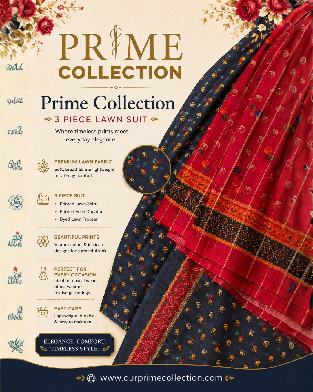 Prime Collection Navy & Red Printed 3 Piece Lawn Suit - BCT 06 2 Prime Collection Navy & Red Printed 3 Piece Lawn Suit