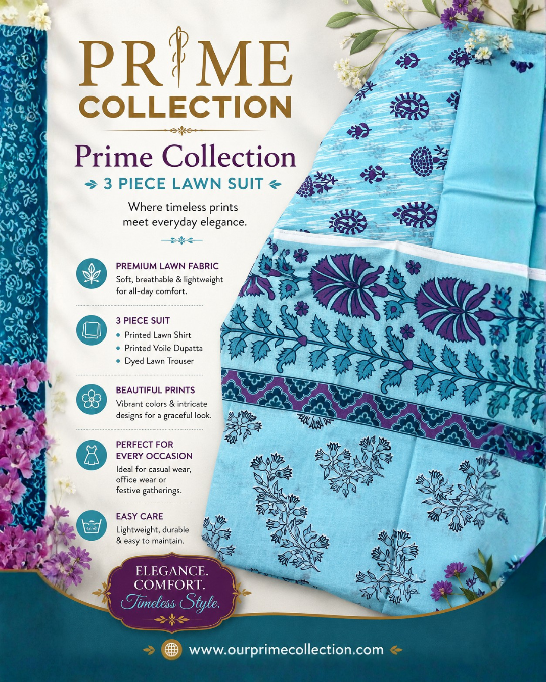 Sky Blue Printed - Prime Collection 3 Piece Lawn Suit - BCT 08 2 Prime Collection 3 Piece Lawn Suit