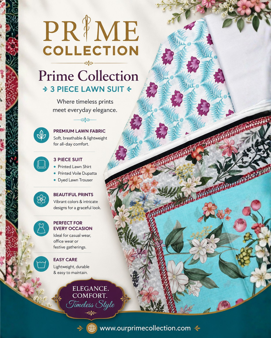 Floral Aqua - Prime Collection 3 Piece Lawn Suit - BCT 09 2 Prime Collection 3 Piece Lawn Suit