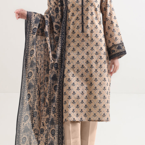Beige Floral Printed Lawn Suit