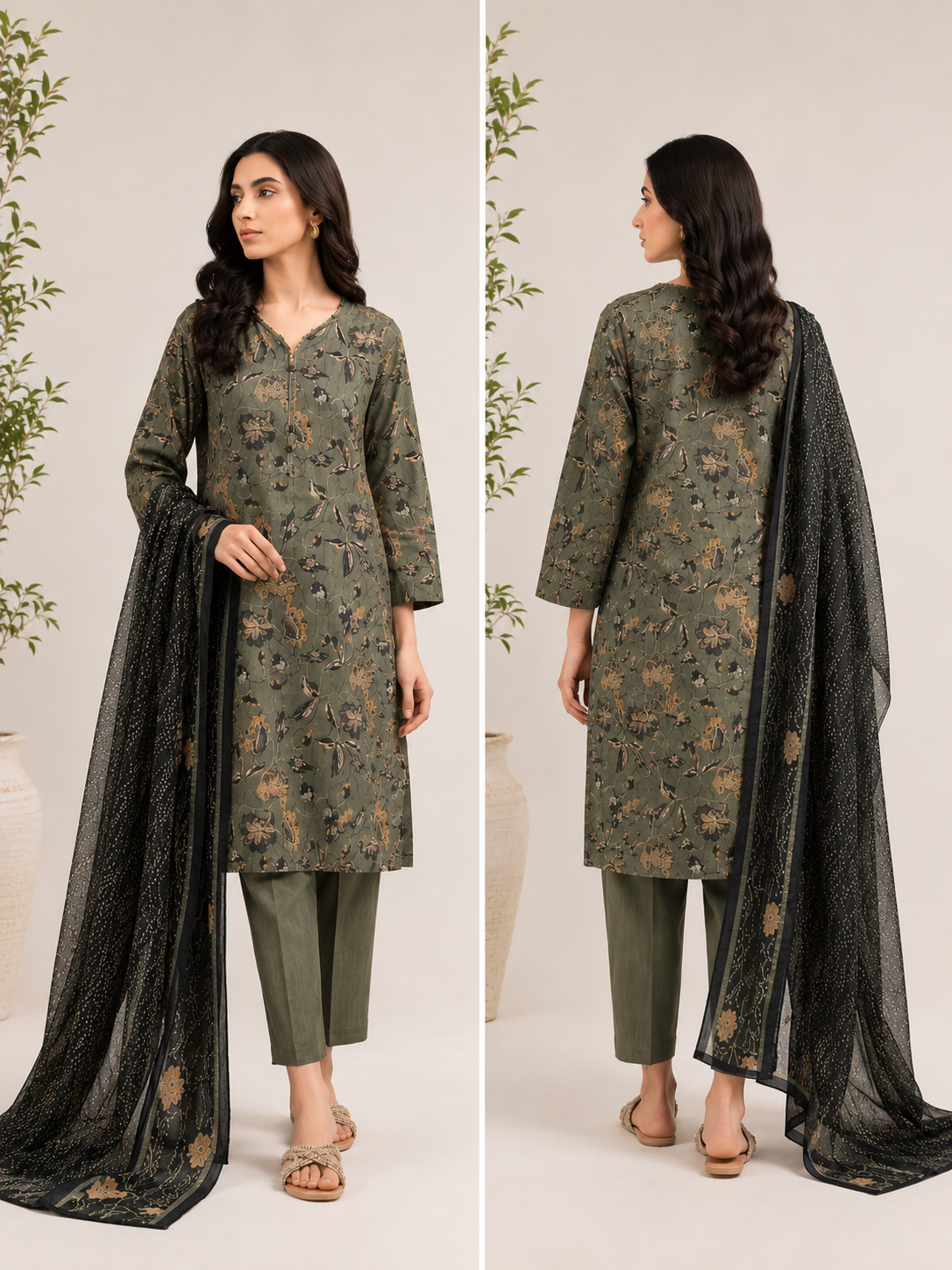 Olive Botanical Printed Lawn Suit – Elegant 3 Piece Summer Ensemble D04 1 Olive Botanical Printed Lawn Suit