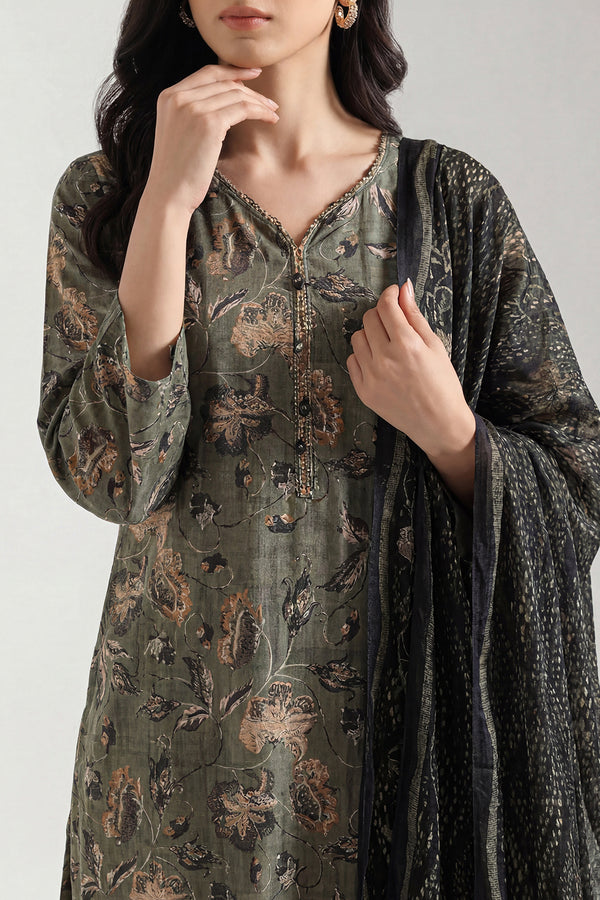 Olive Botanical Printed Lawn Suit – Elegant 3 Piece Summer Ensemble D04 2 Olive Botanical Printed Lawn Suit