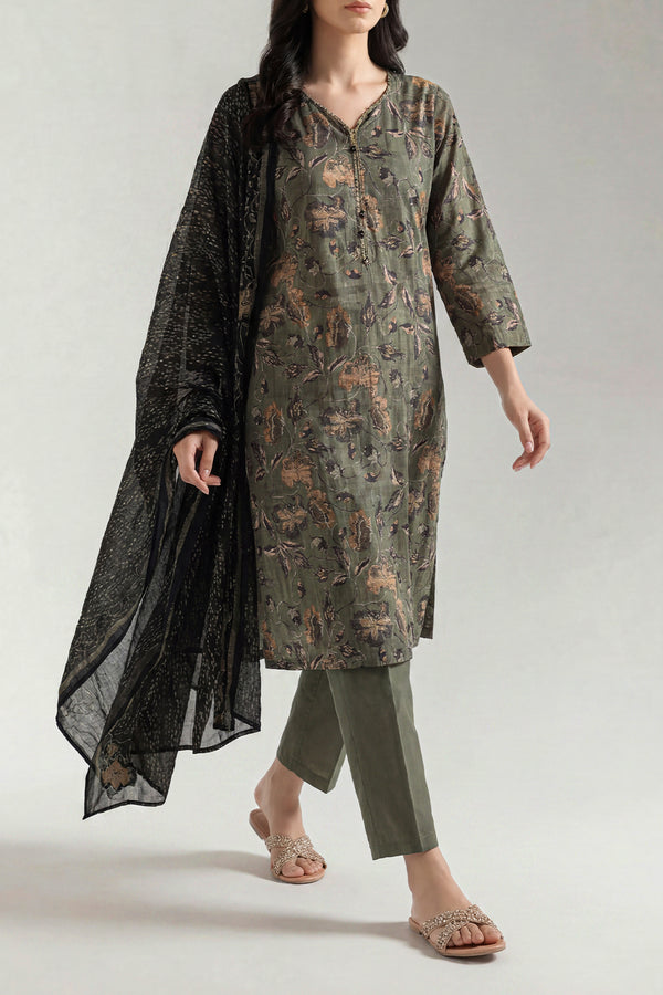 Olive Botanical Printed Lawn Suit – Elegant 3 Piece Summer Ensemble D04 3 Olive Botanical Printed Lawn Suit