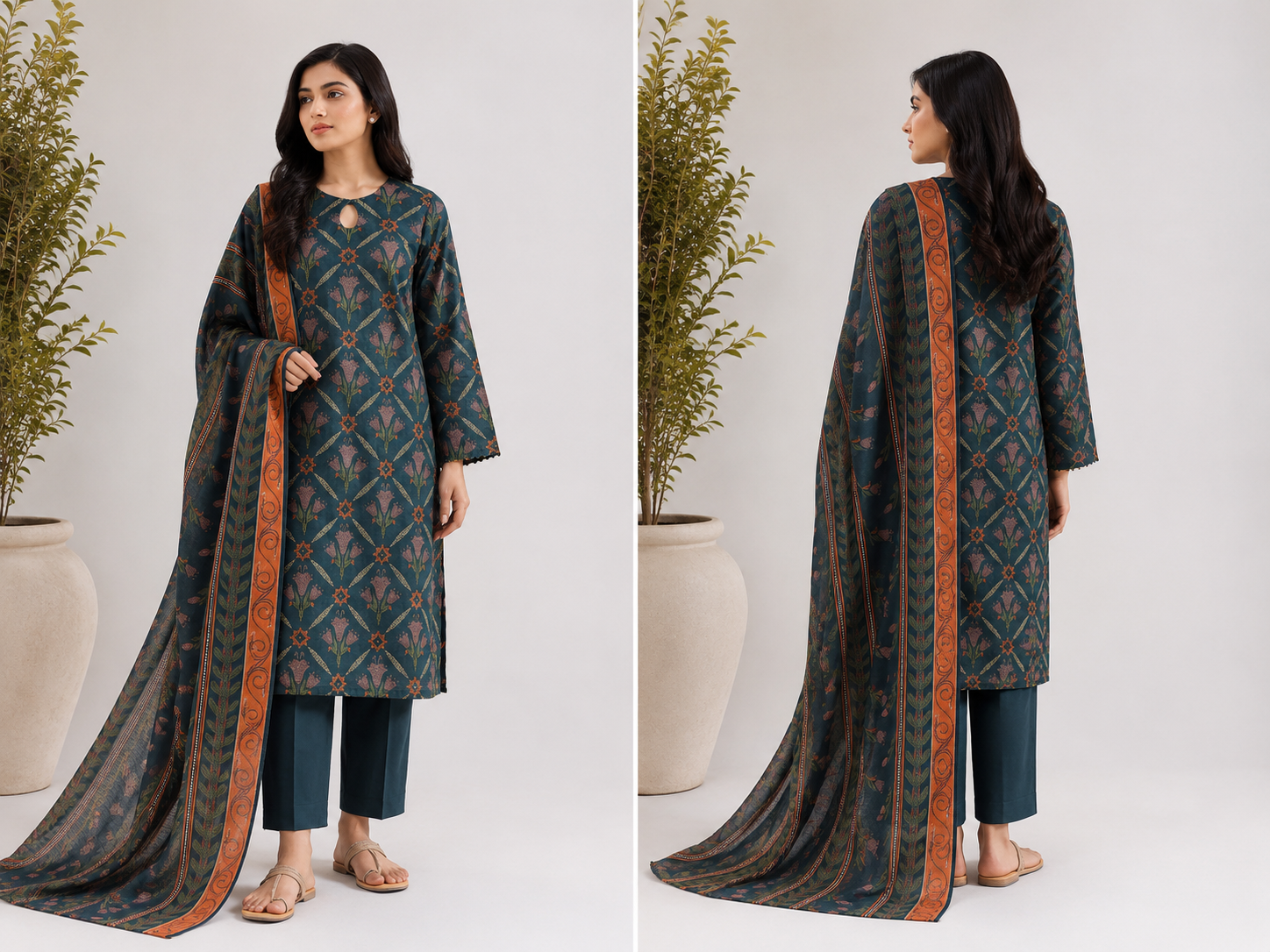 Teal Floral Printed Lawn Suit – Elegant 3 Piece Summer Ensemble D02 1 Teal Floral Printed Lawn Suit
