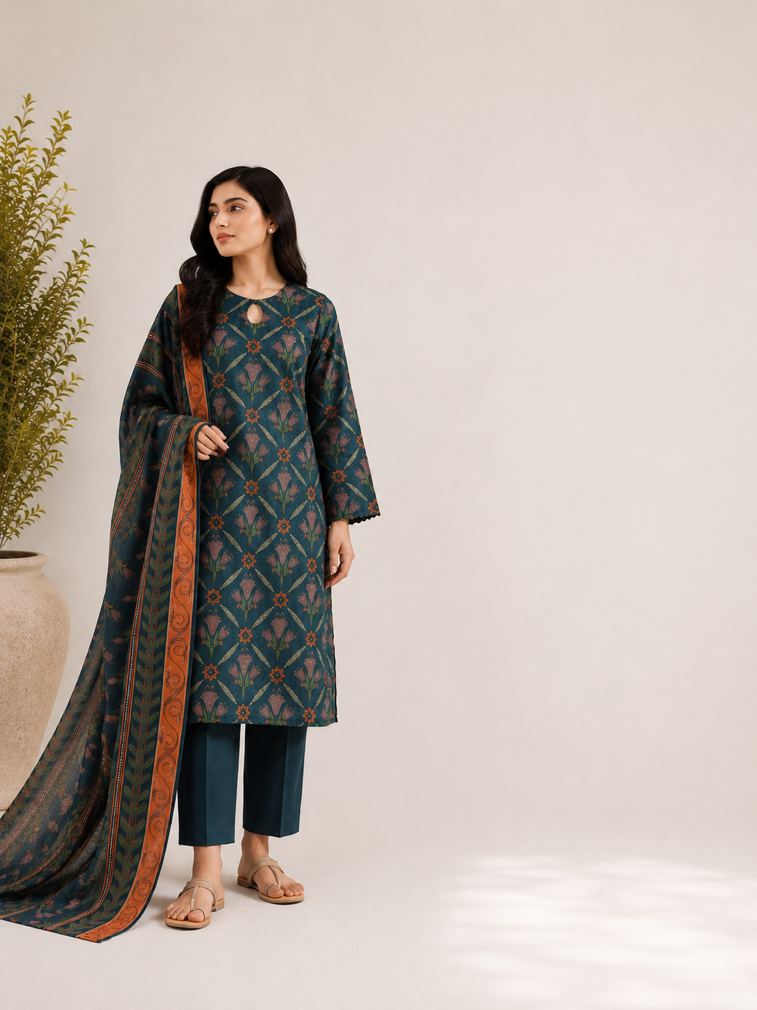 Teal Floral Printed Lawn Suit – Elegant 3 Piece Summer Ensemble D02 2 Teal Floral Printed Lawn Suit